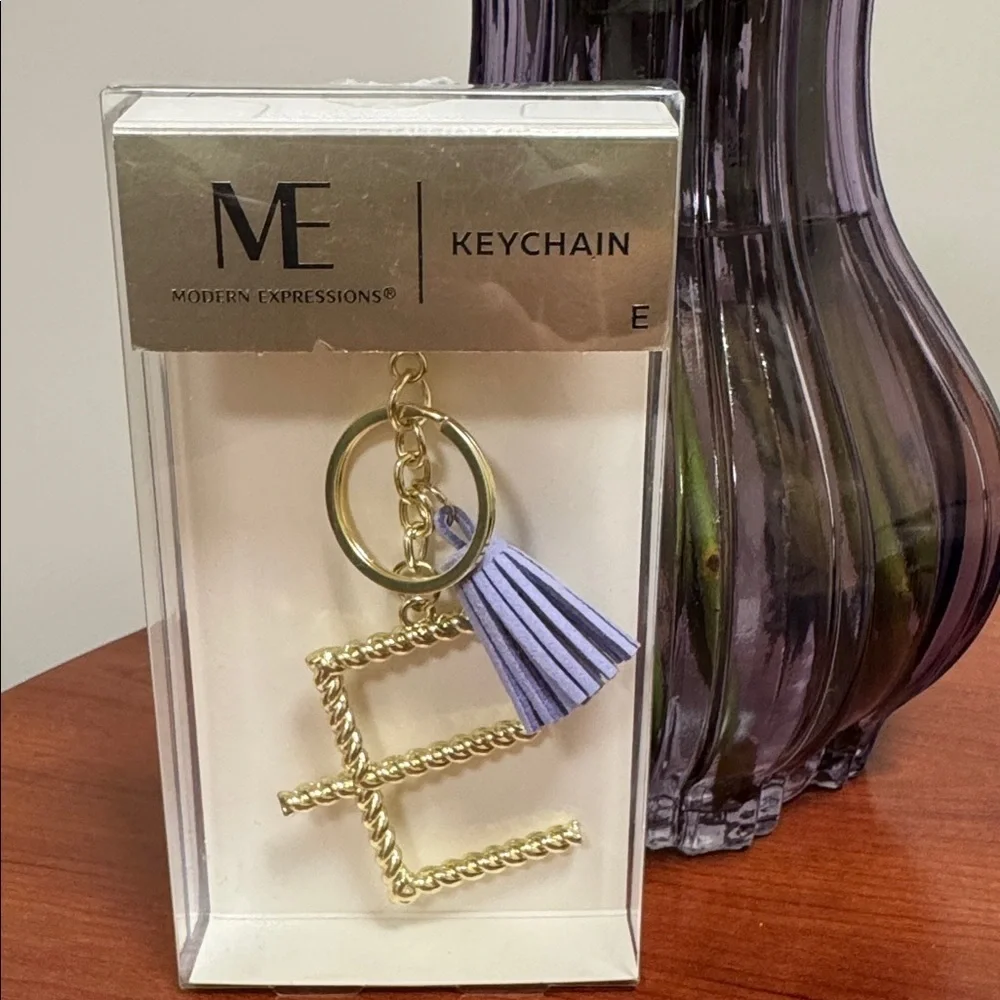 🦜 Letter E Monogram Gold & Purple Bag Charm Keychain w/ Tassel